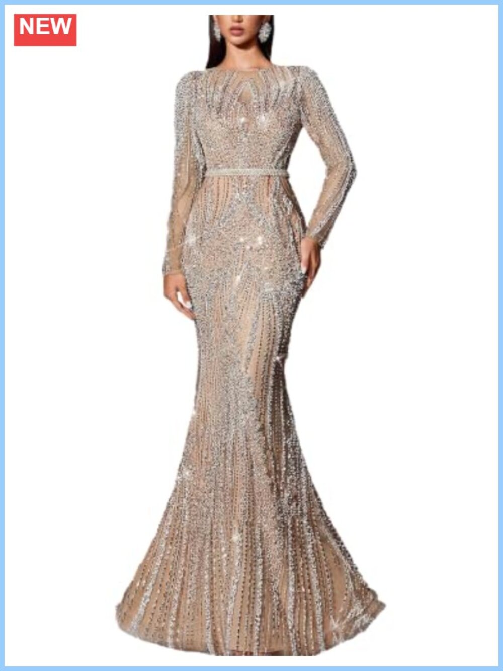 Sequin Beaded Mermaid Evening Gown Long Sleeve Formal Prom Dress